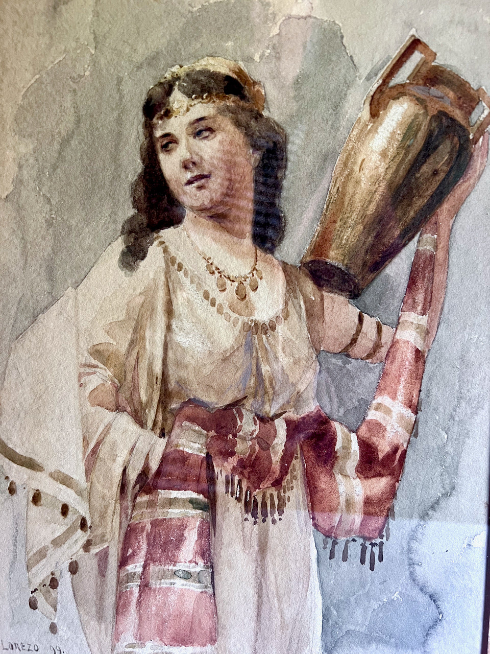 Signed Antique Italian Watercolor Painting of Woman with Jug