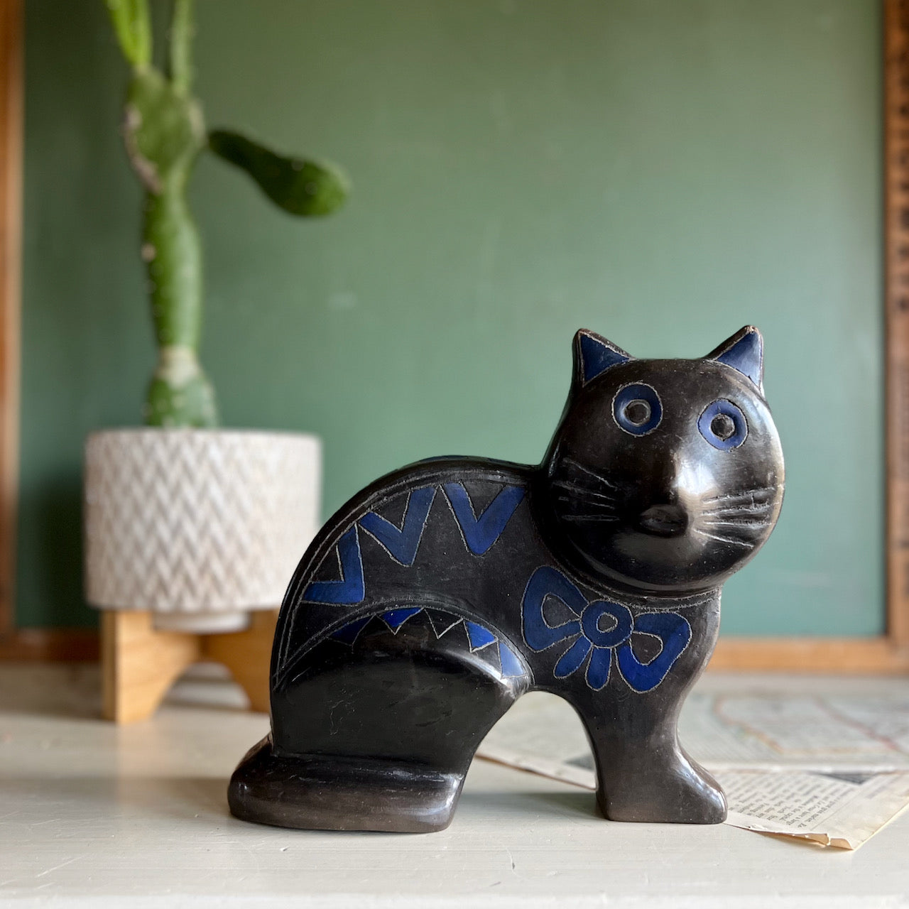 Mid Century Mexican Barro Negro Black Pottery Cat