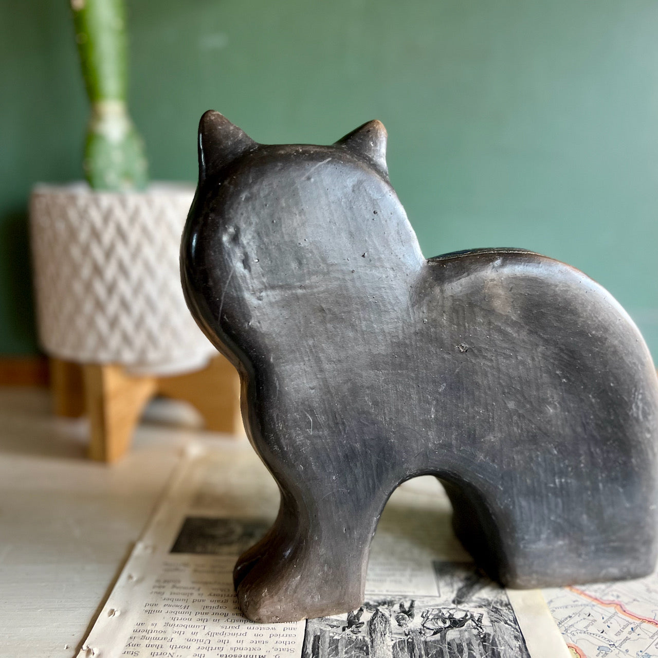 Mid Century Mexican Barro Negro Black Pottery Cat