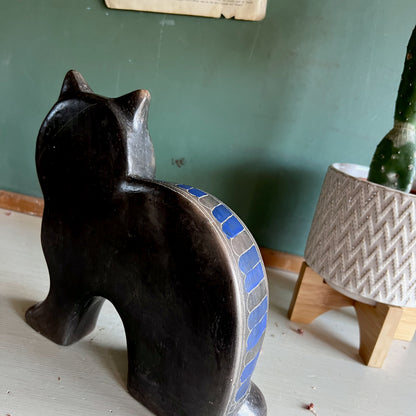 Mid Century Mexican Barro Negro Black Pottery Cat