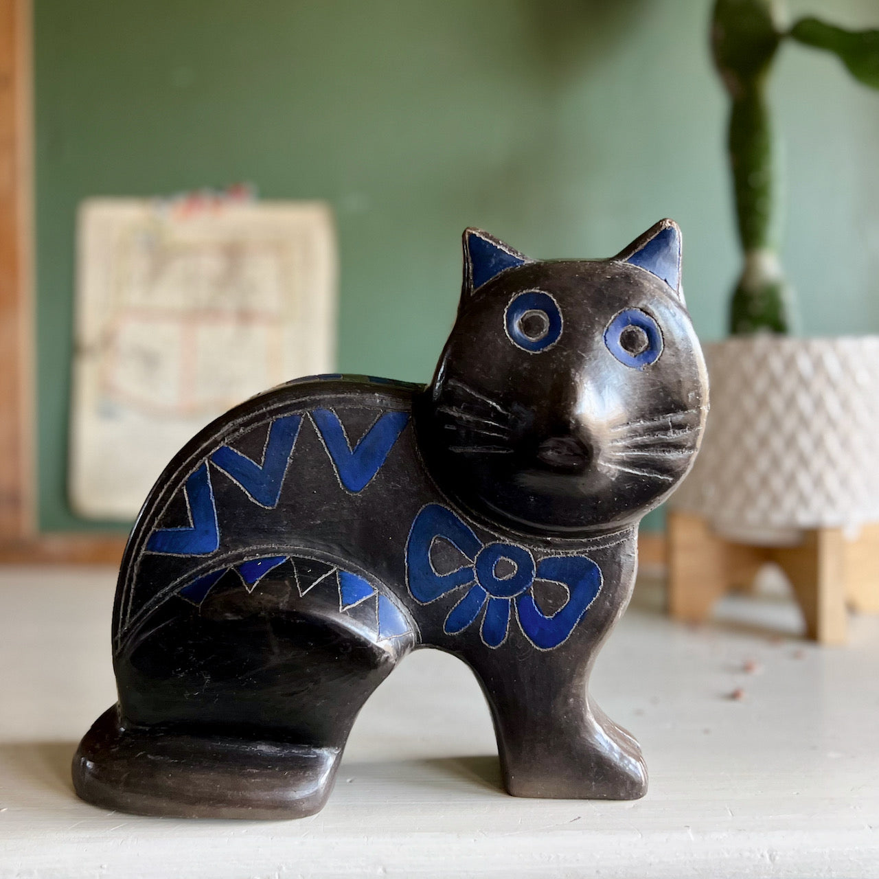 Mid Century Mexican Barro Negro Black Pottery Cat