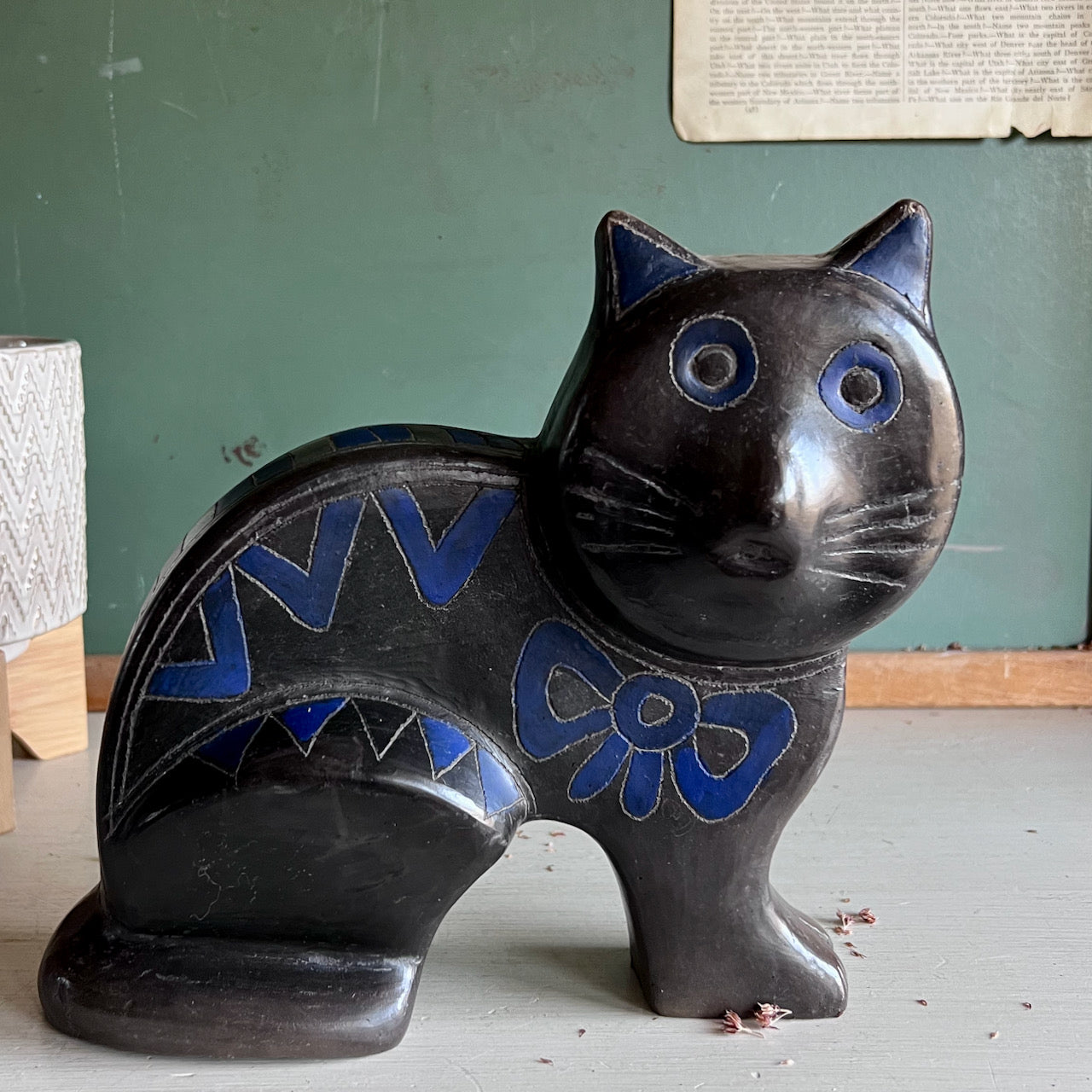 Mid Century Mexican Barro Negro Black Pottery Cat