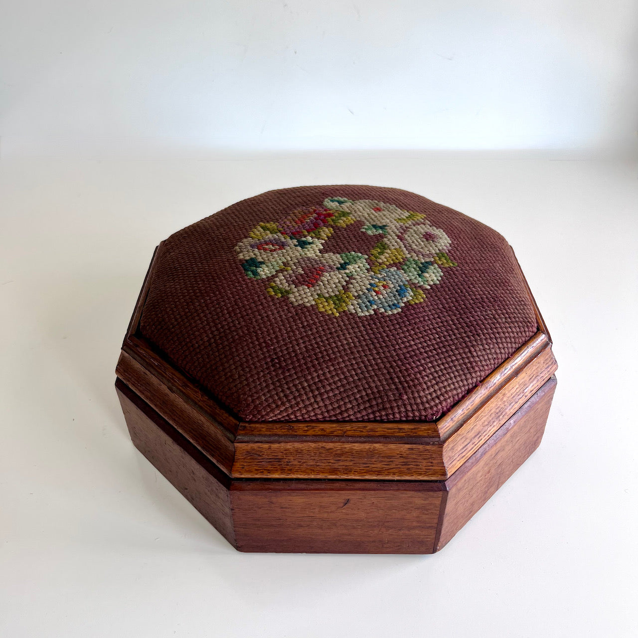 Antique Octagonal Storage Box with Embroidered Lid and Velvet Lining