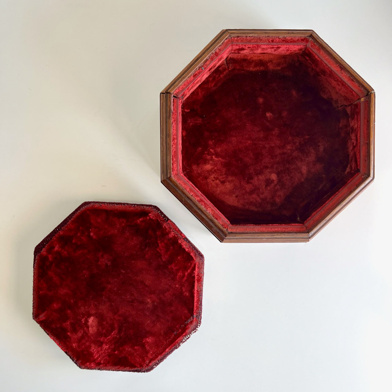 Antique Octagonal Storage Box with Embroidered Lid and Velvet Lining