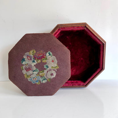 Antique Octagonal Storage Box with Embroidered Lid and Velvet Lining