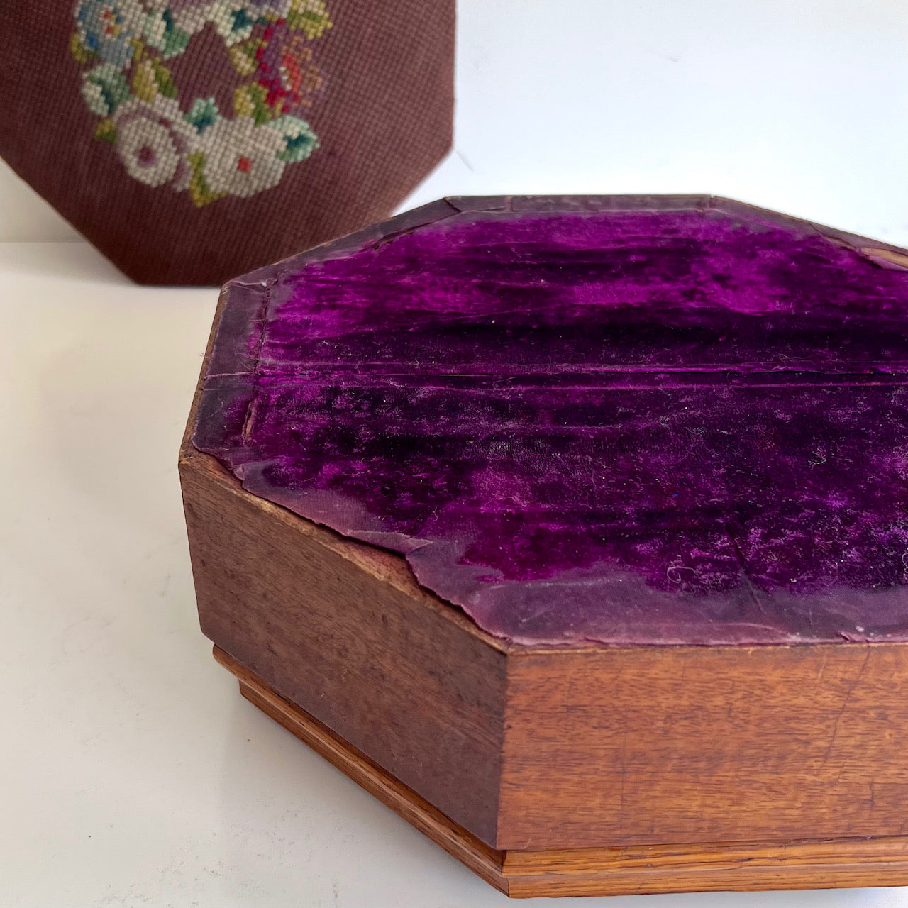 Antique Octagonal Storage Box with Embroidered Lid and Velvet Lining