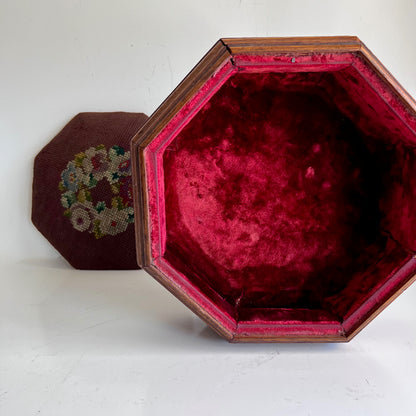 Antique Octagonal Storage Box with Embroidered Lid and Velvet Lining