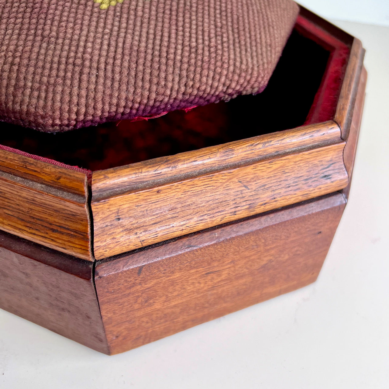 Antique Octagonal Storage Box with Embroidered Lid and Velvet Lining