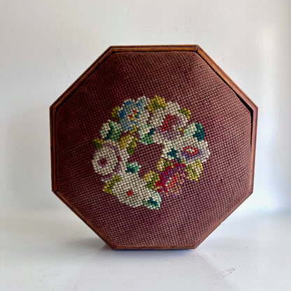 Antique Octagonal Storage Box with Embroidered Lid and Velvet Lining