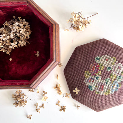 Antique Octagonal Storage Box with Embroidered Lid and Velvet Lining