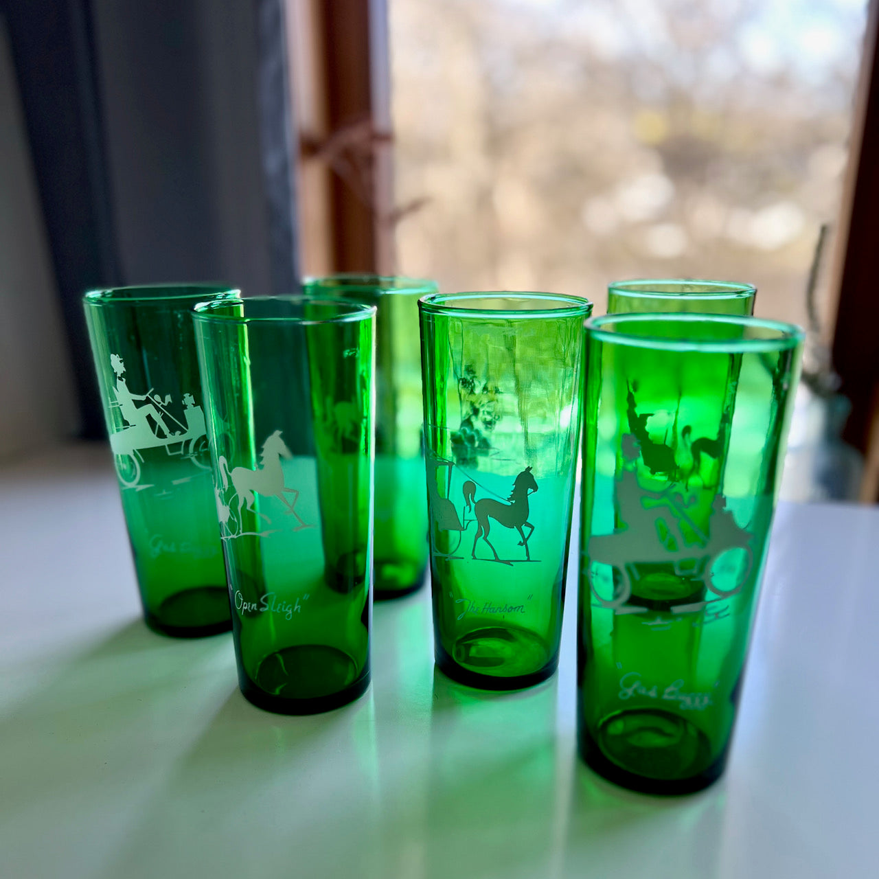 Anchor Hocking Green Glass Transportation Drinking Tumblers, Set of 6