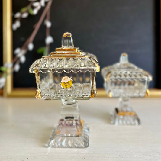 Mid Century Jeanette Clear Glass Wedding Cake Boxes Gold Decoration