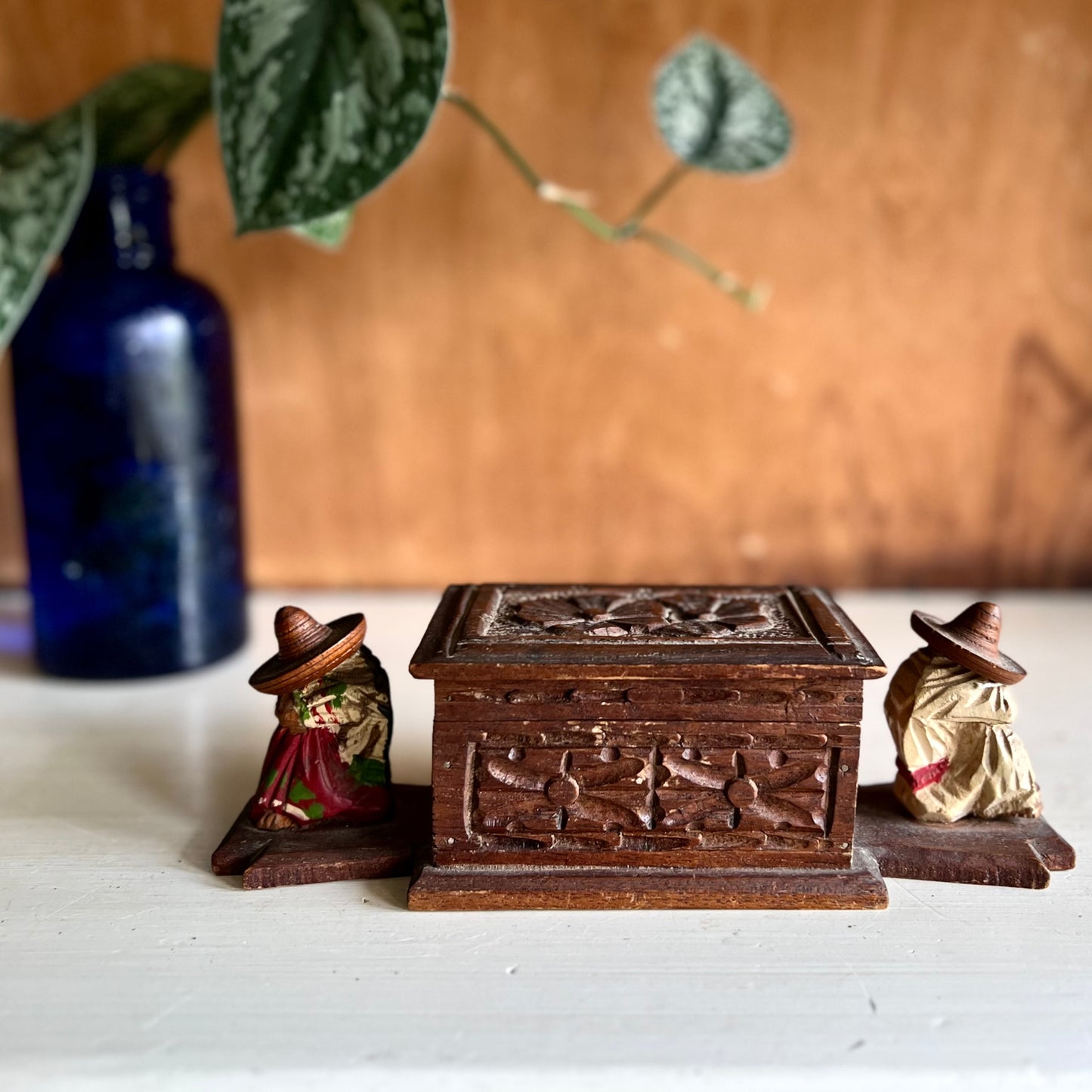Vintage Mexican Carved Wood Souvenir Storage Box