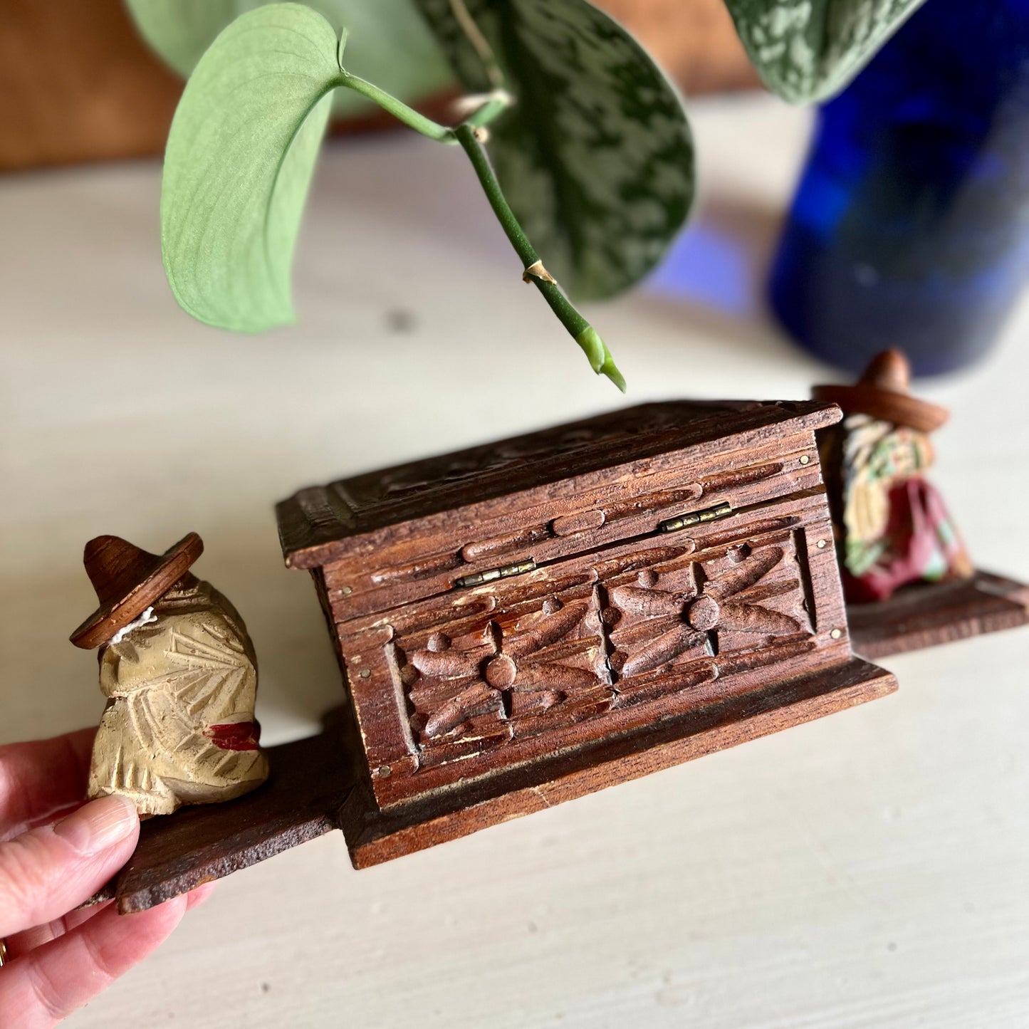 Vintage Mexican Carved Wood Souvenir Storage Box
