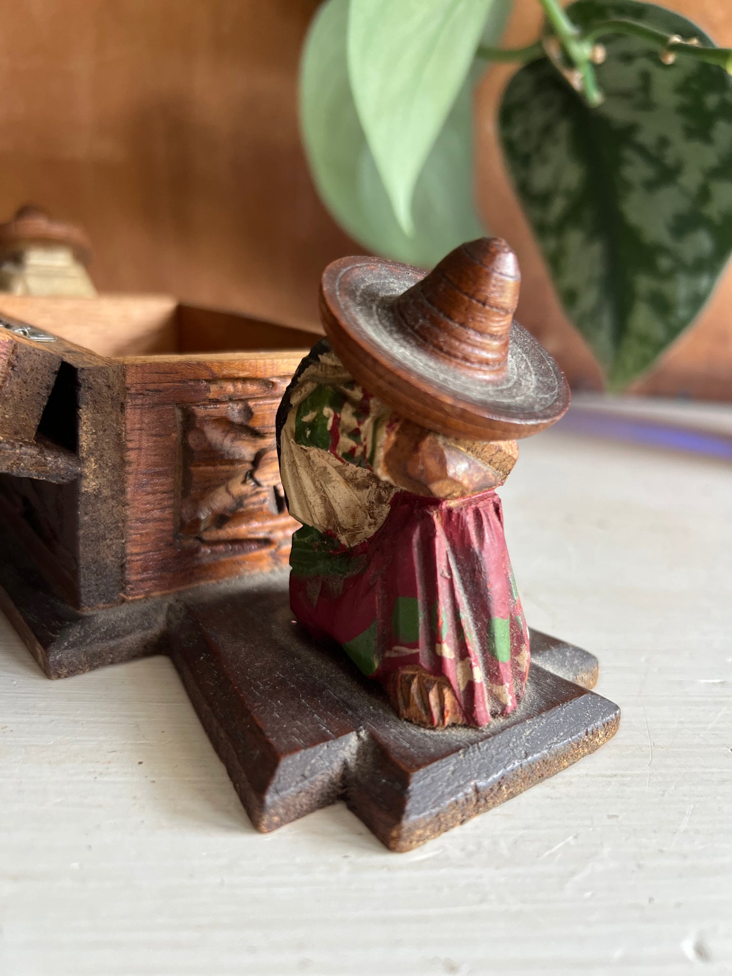 Vintage Mexican Carved Wood Souvenir Storage Box