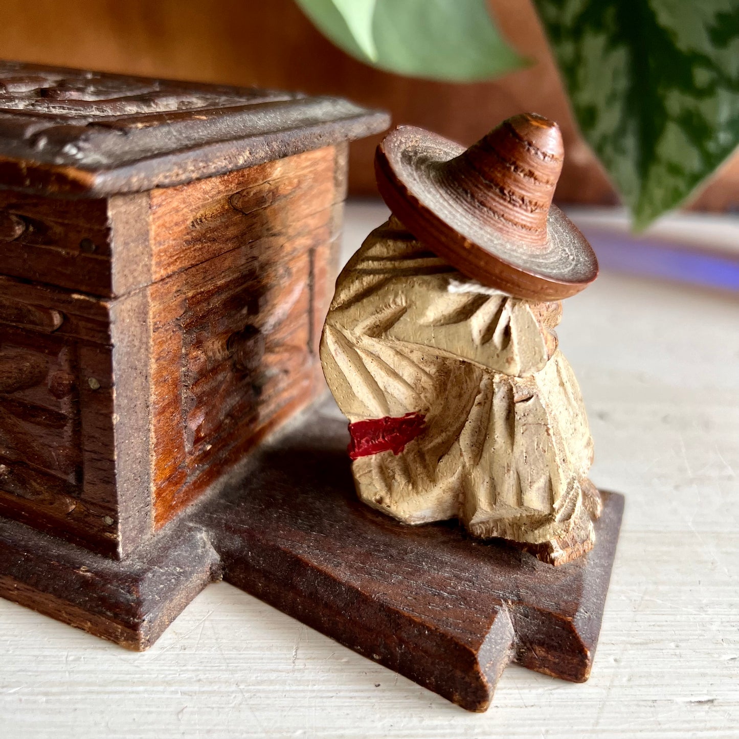 Vintage Mexican Carved Wood Souvenir Storage Box