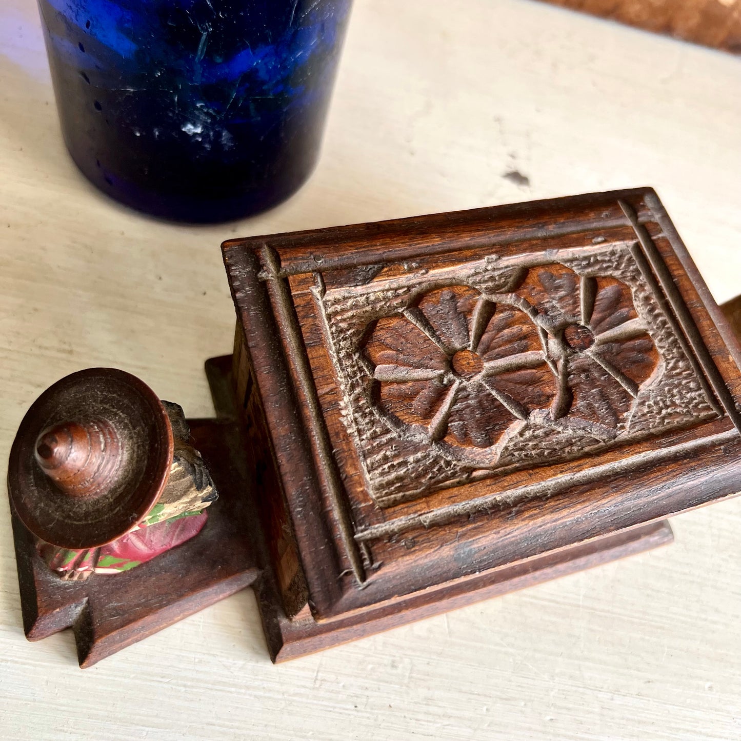 Vintage Mexican Carved Wood Souvenir Storage Box