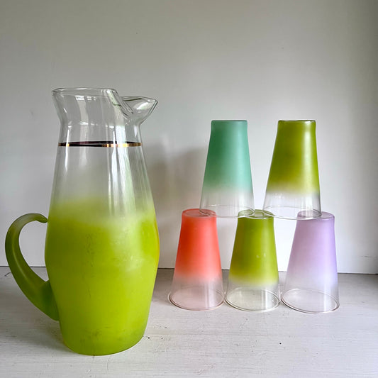 1960s Mid Century Blendo Frosted Pitcher and Glasses Set