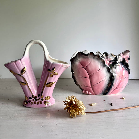 Two Old Unmatched Pink Ceramic Decorative Vases