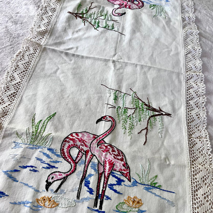 Hand Embroidered Flamingo Table Runner
