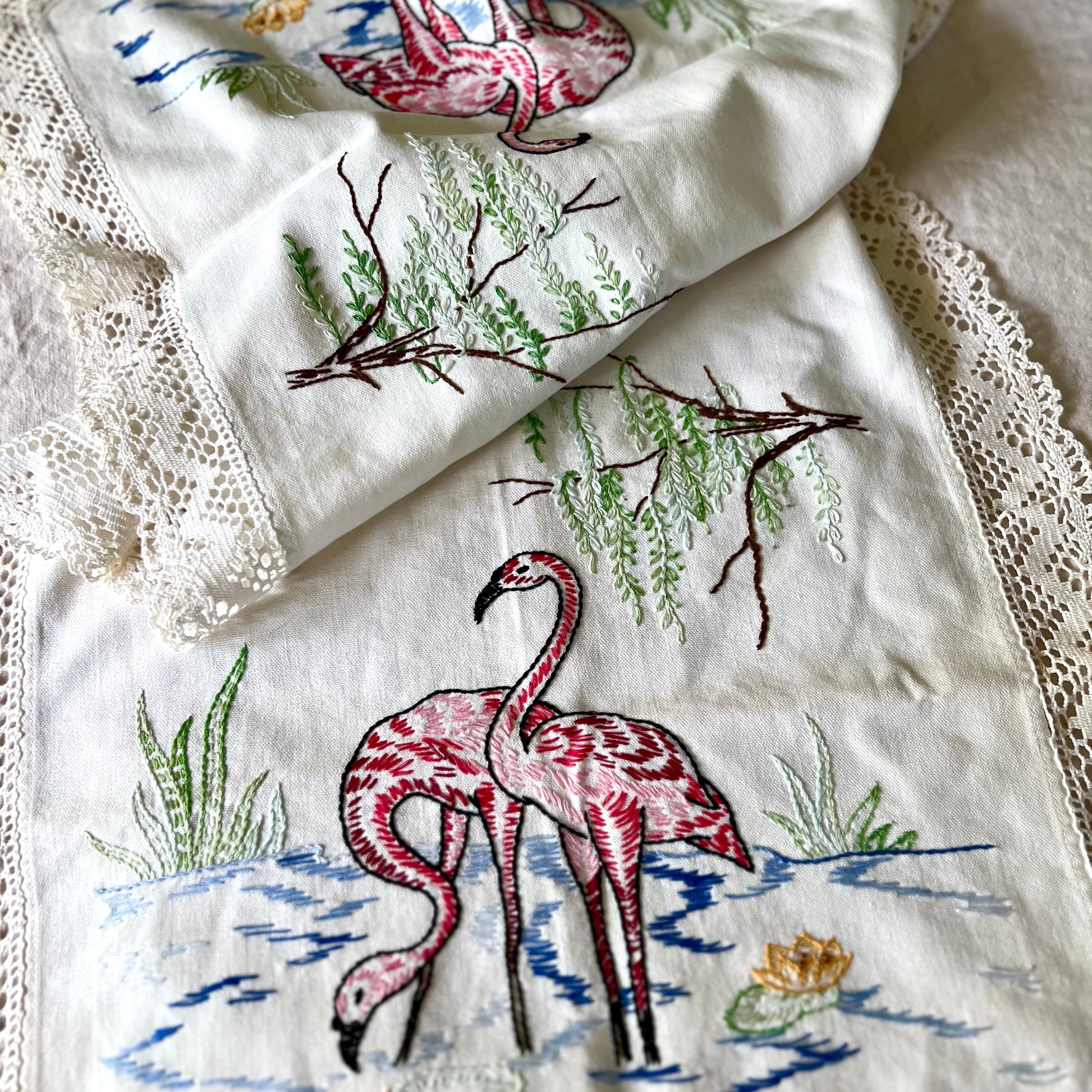 Hand Embroidered Flamingo Table Runner