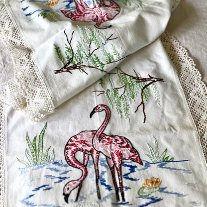 Hand Embroidered Flamingo Table Runner