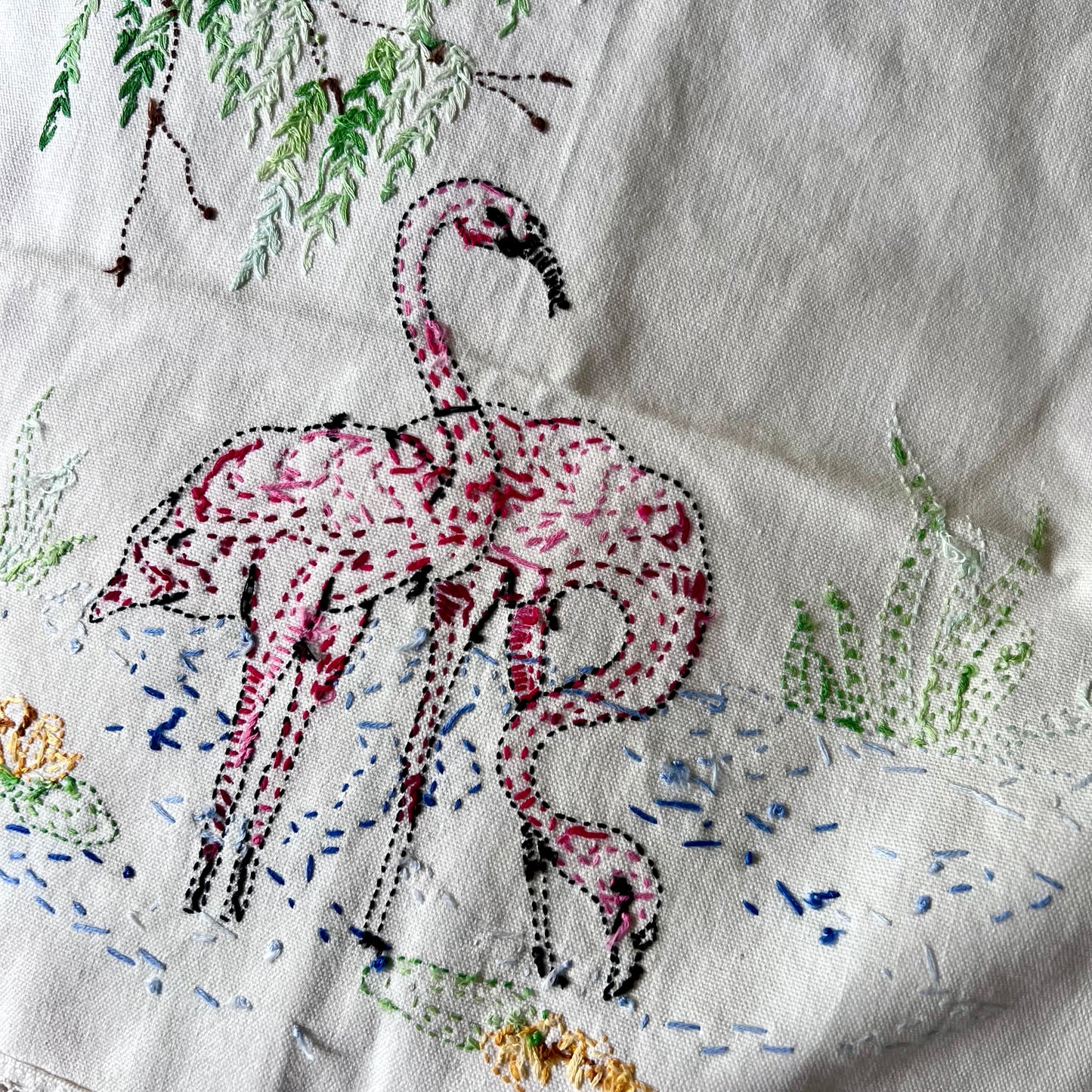 Hand Embroidered Flamingo Table Runner