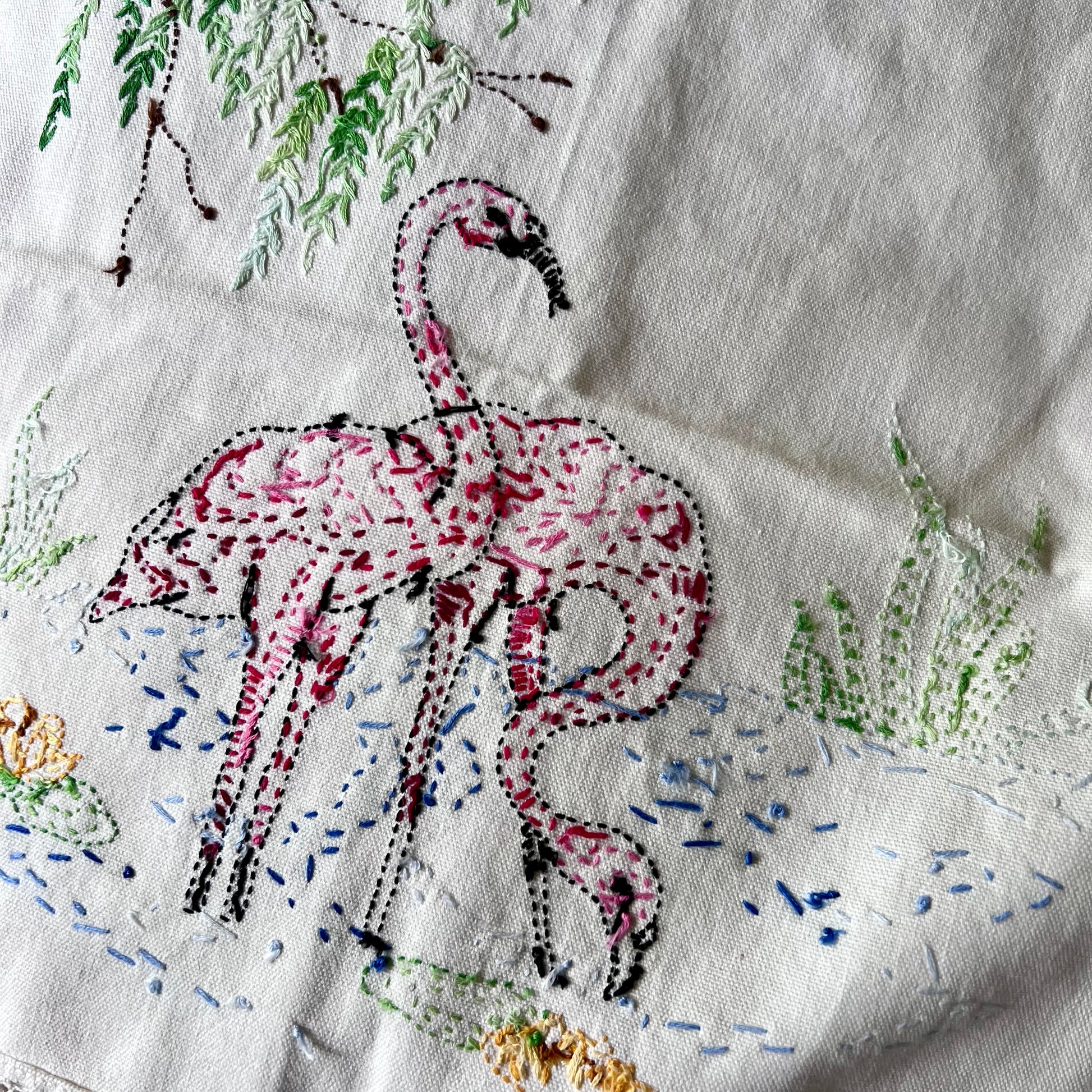 Hand Embroidered Flamingo Table Runner