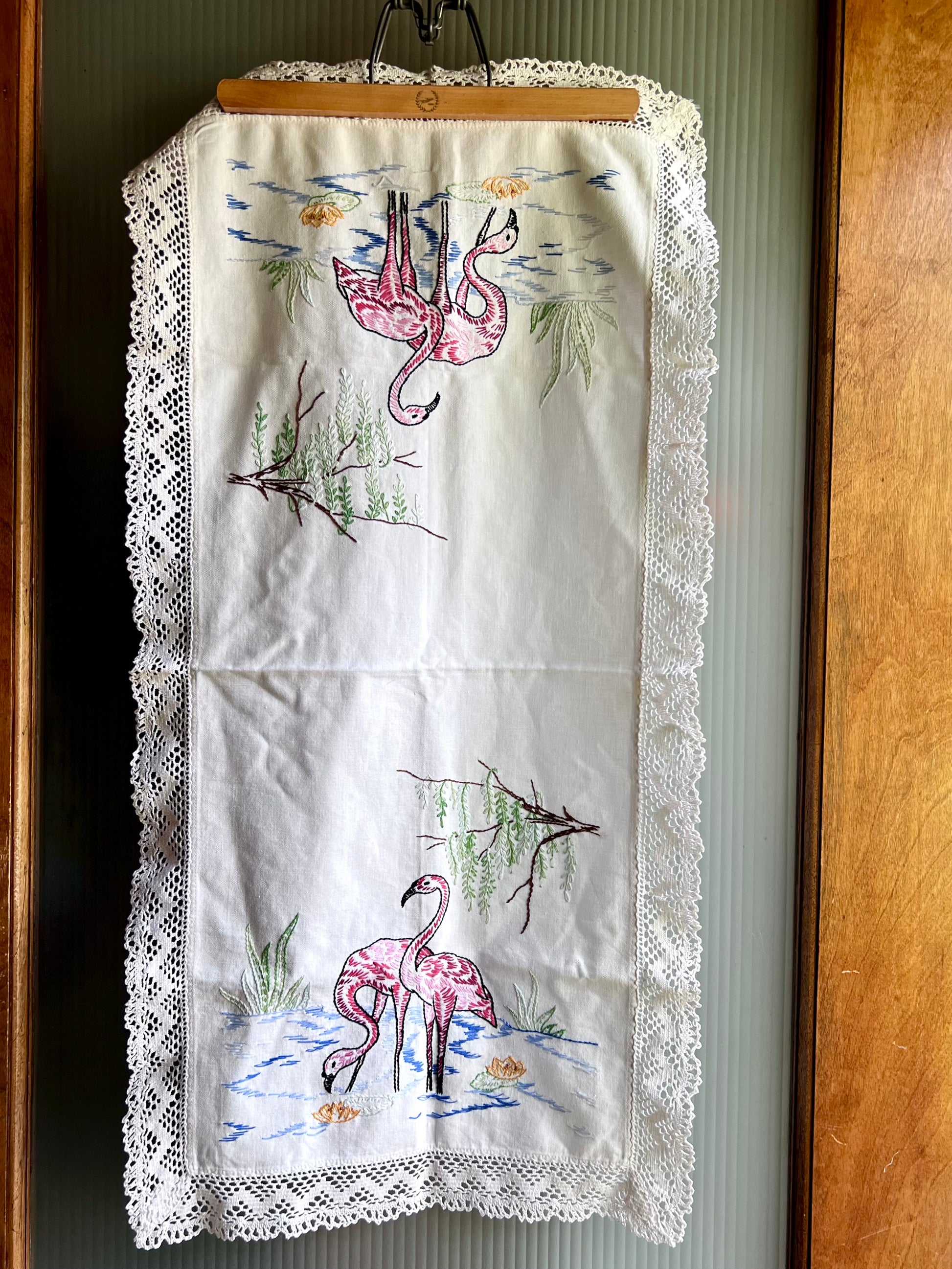Hand Embroidered Flamingo Table Runner