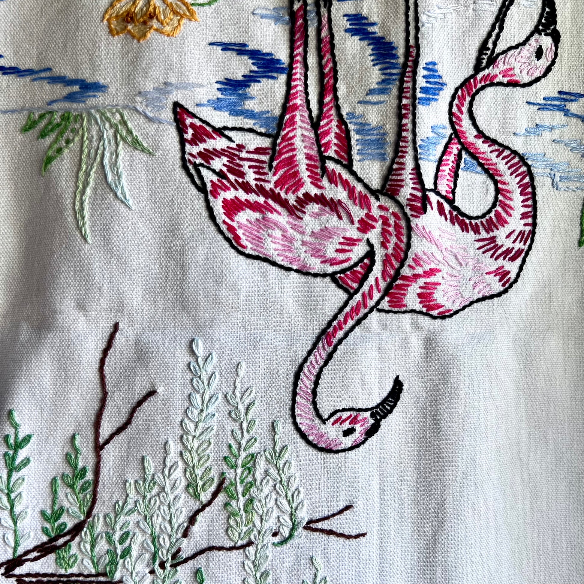 Hand Embroidered Flamingo Table Runner