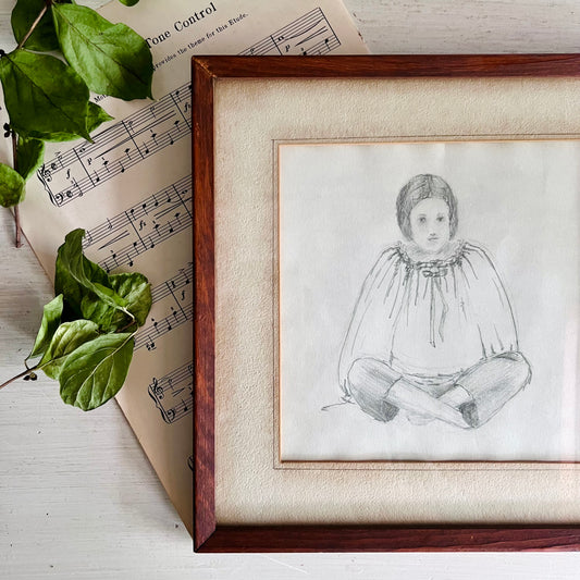 Vintage Graphite Figural Drawing of Young Girl