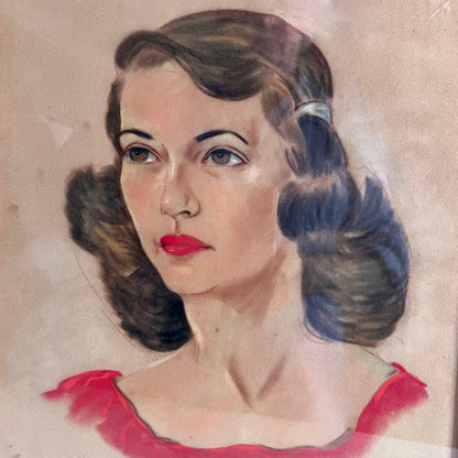 Mid Century Chalk Painting Portrait of Young Woman