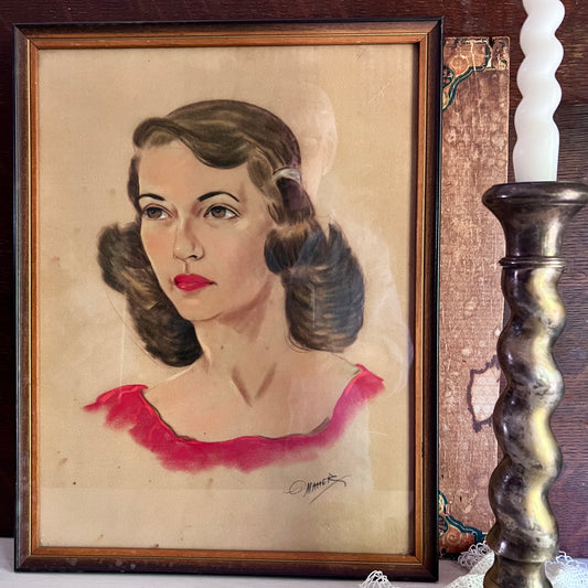 Mid Century Chalk Painting Portrait of Young Woman