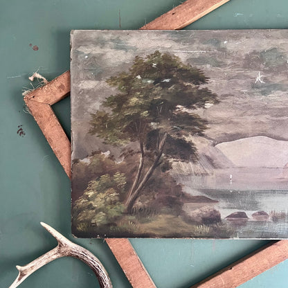 Early Antique Moody Oil Landscape Painting of Mountains and Lake Scene