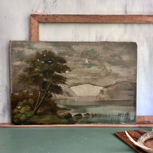 Early Antique Moody Oil Landscape Painting of Mountains and Lake Scene