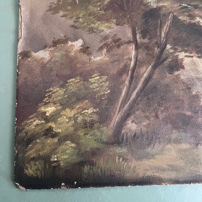 Early Antique Moody Oil Landscape Painting of Mountains and Lake Scene