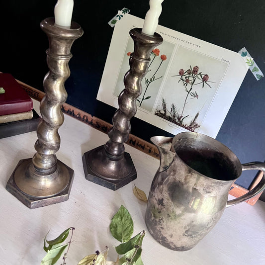 Arts and Crafts Silver Barley Twist Candlesticks and Sheridan Taunton Pitcher