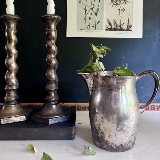 Arts and Crafts Silver Barley Twist Candlesticks and Sheridan Taunton Pitcher