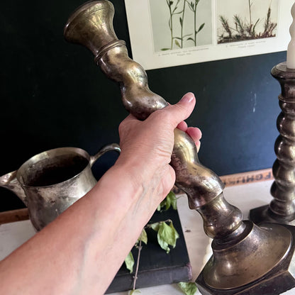 Arts and Crafts Silver Barley Twist Candlesticks and Sheridan Taunton Pitcher