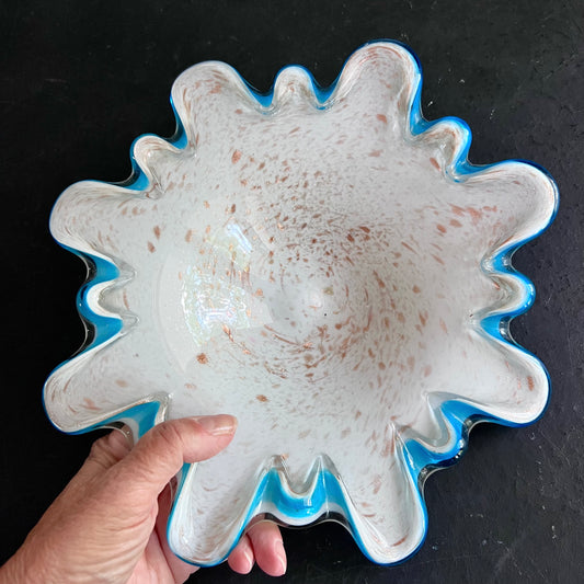 Vintage Murano Art Glass Bowl with Turquoise Edge and Gold Specks