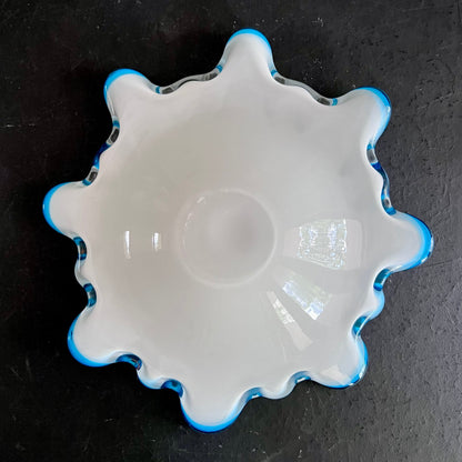 Vintage Murano Art Glass Bowl with Turquoise Edge and Gold Specks