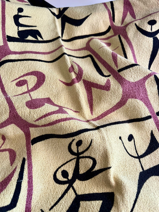 Mid Century MCM John Little Ballet Dancers Barkcloth Tablecloth, 1950s