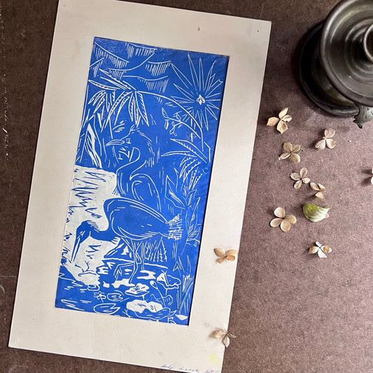 Heron Blue Mid Century Linoleum Block Print