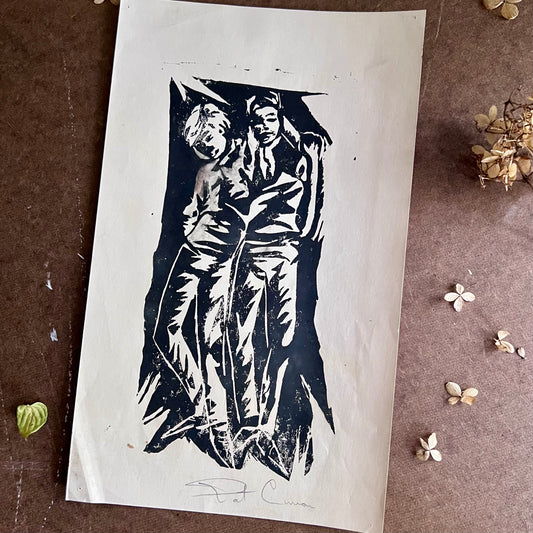Mid Century Student Art Block Print of Two Boys Hanging Out