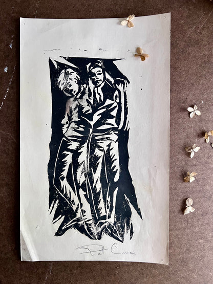 Mid Century Student Art Block Print of Two Boys Hanging Out