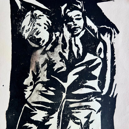 Mid Century Student Art Block Print of Two Boys Hanging Out