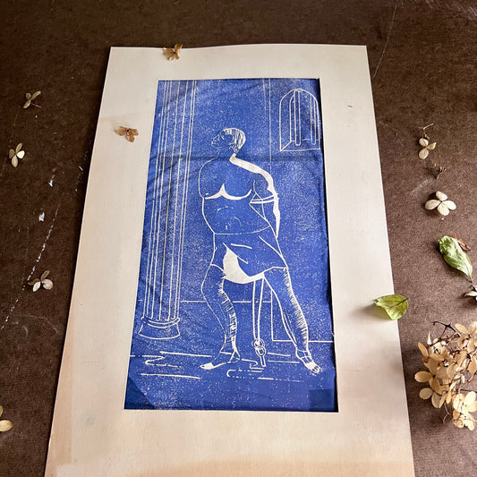 Mid Century Student Linoleum Block Art Print 'The Slave'