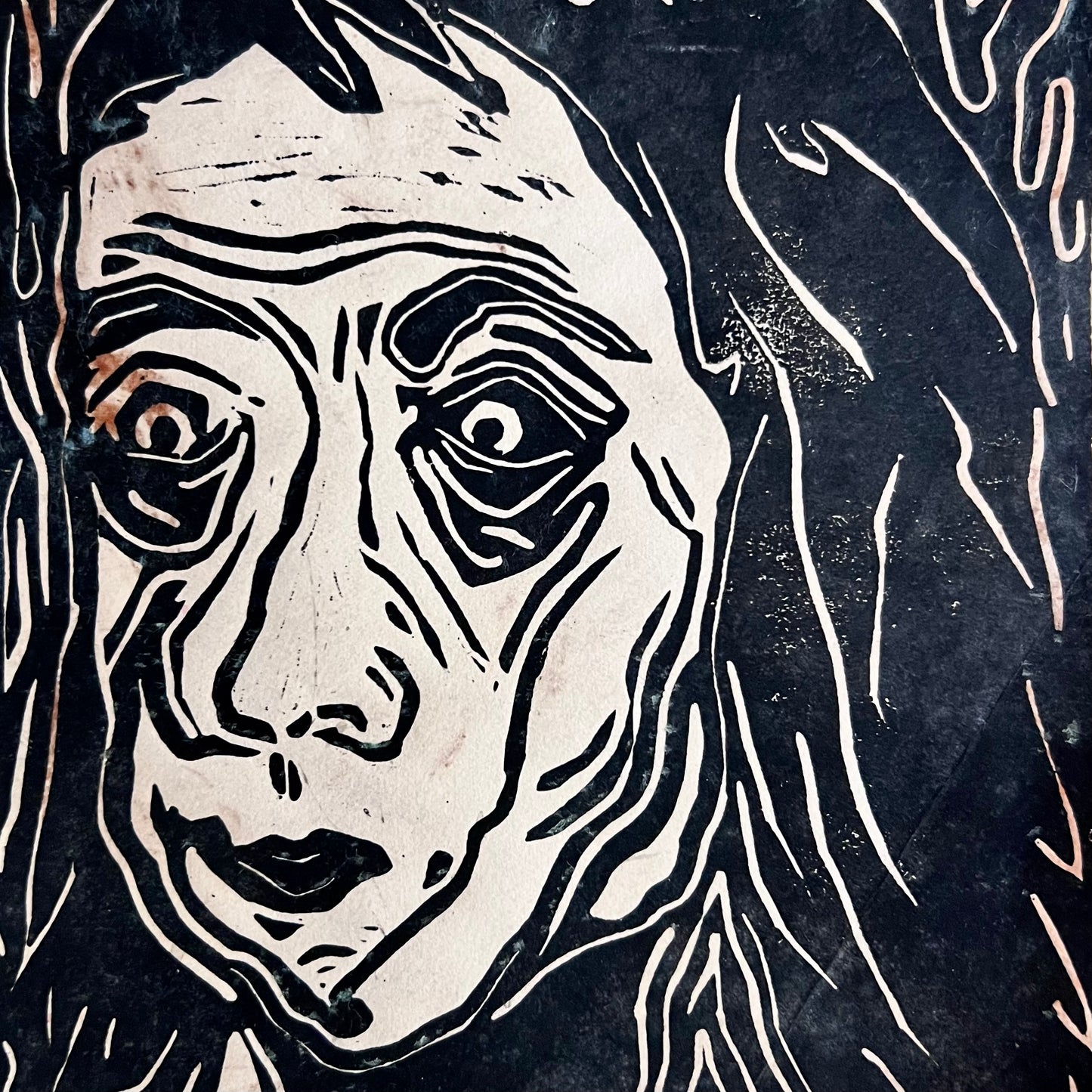 Mid Century Student Art Creepy Cool Block Print