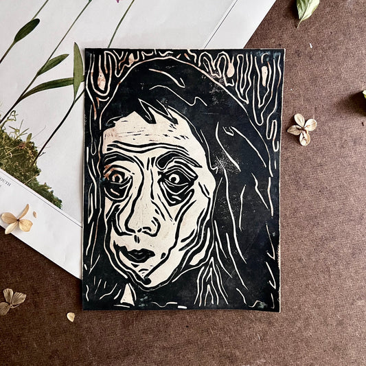 Mid Century Student Art Creepy Cool Block Print