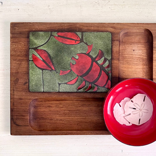 MCM Lobster Tile Teak Serving Tray and Red Enamel Bowl